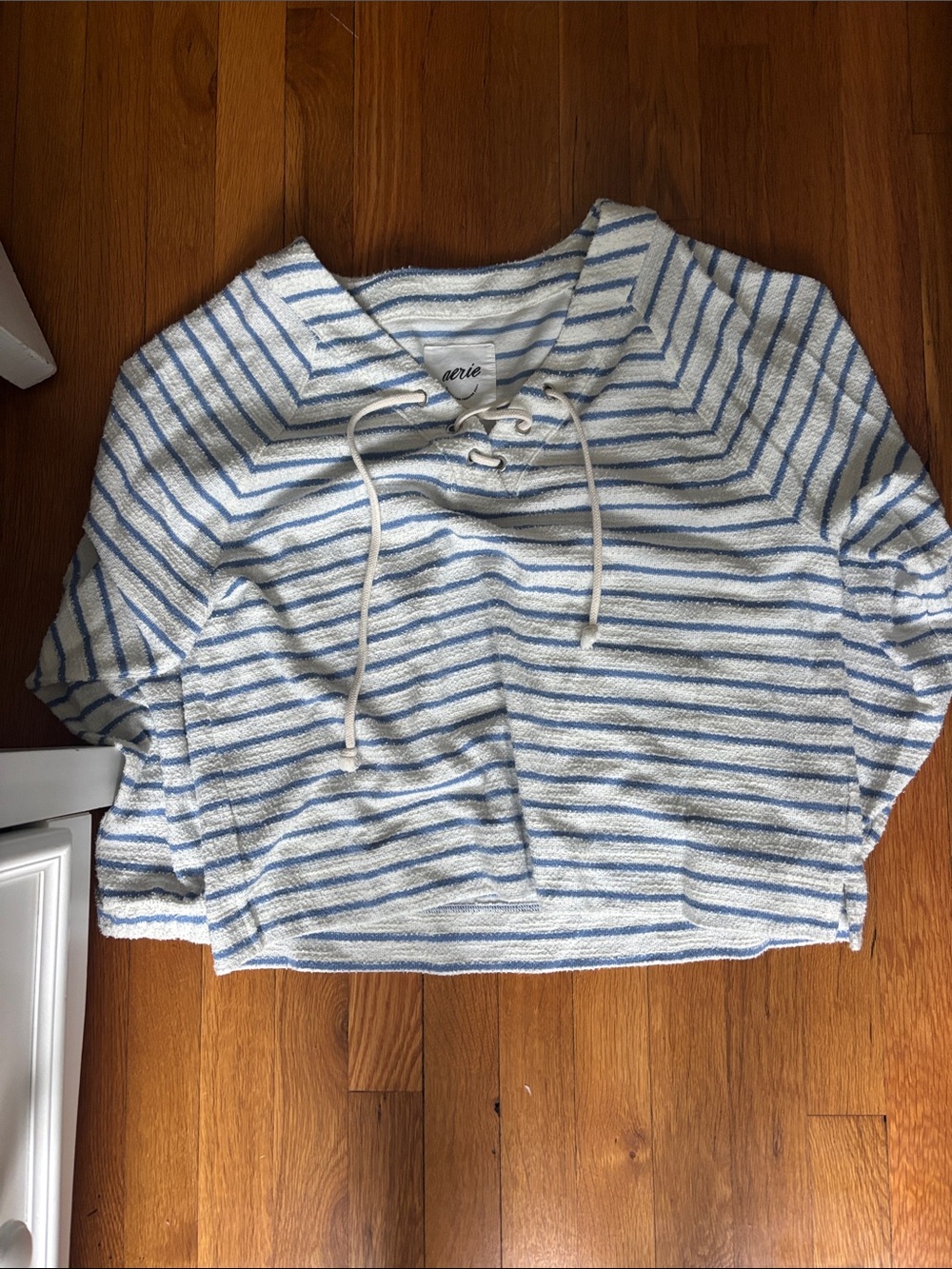 aerie White & Light Blue Striped Lace-Up Terry Pullover Hoodie